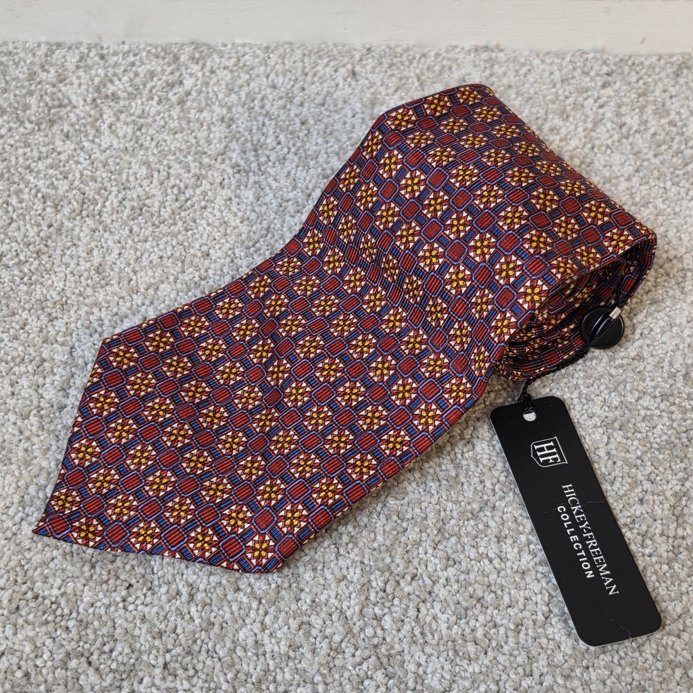 Hickey Freeman Collection Silk Tie‎ Red Blue Geometric Medallion Italy NWT 4"